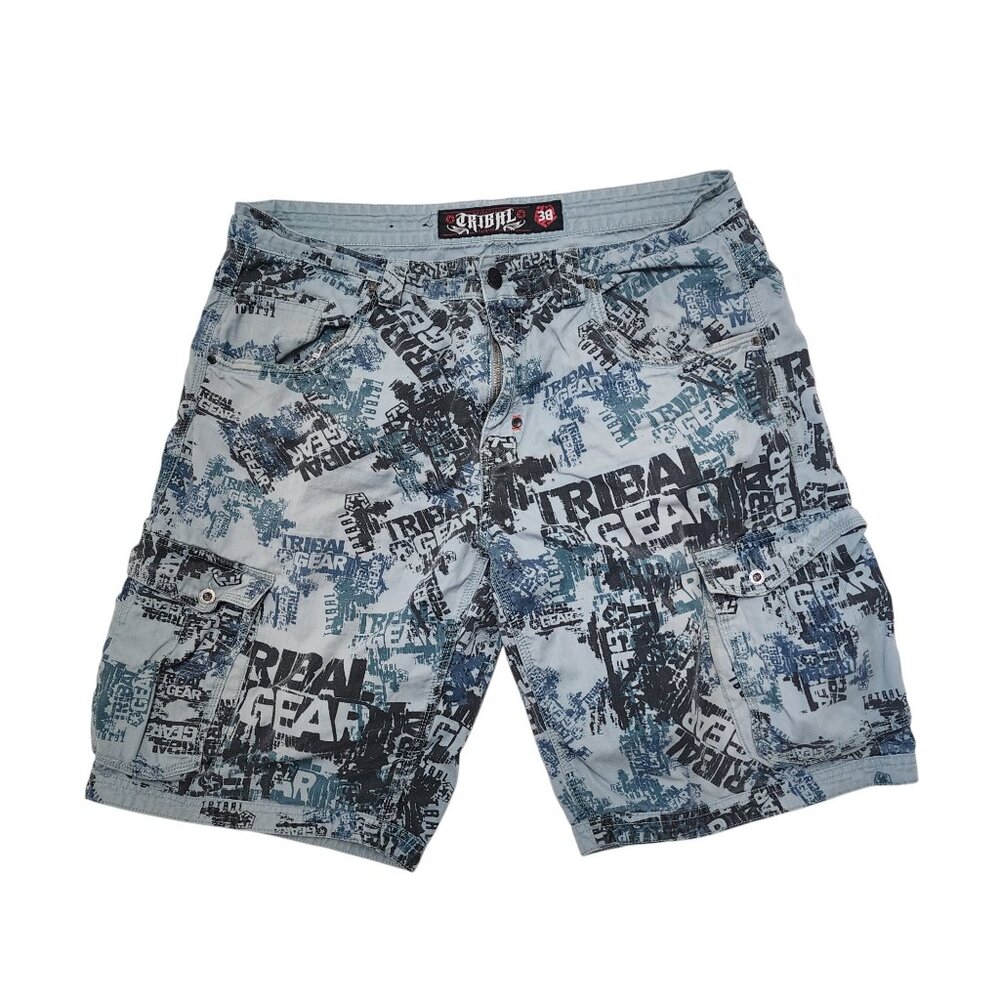 Tribal Gear Cargo Shorts Men's 38 Gray Blue Graffiti Print Cotton Broken Button